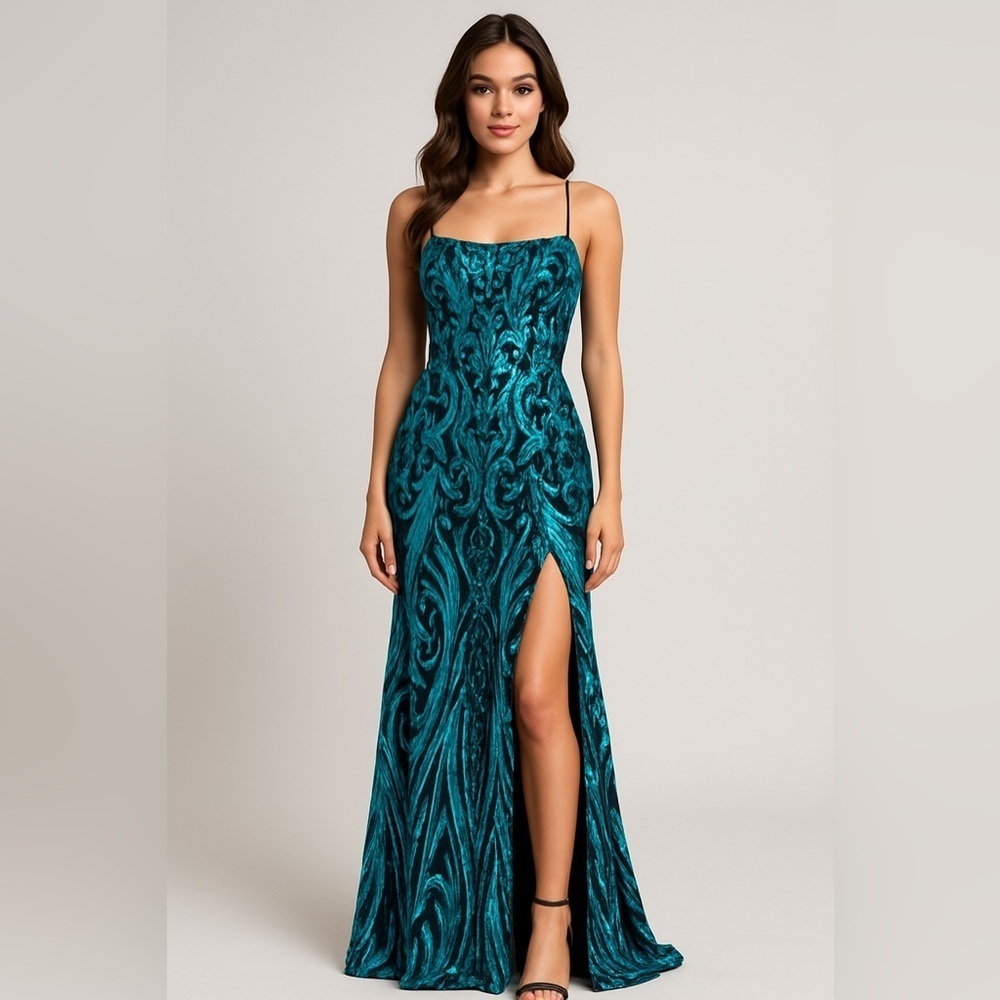 Teal Maxi Dress with Intricate Patterns